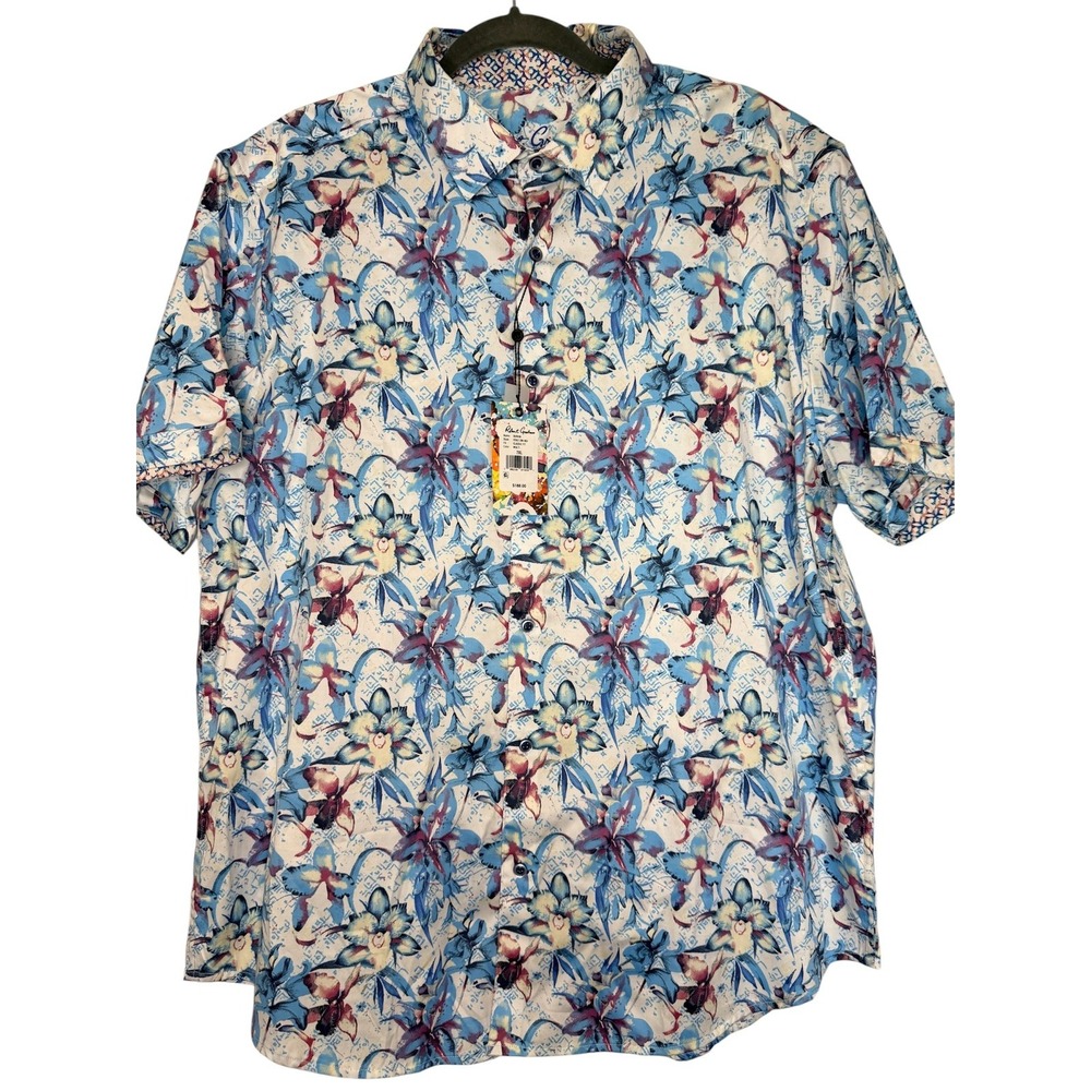 NWT Robert Graham Durkin Button Down Men Multi Floral Short Sleeve Stretch 2XL